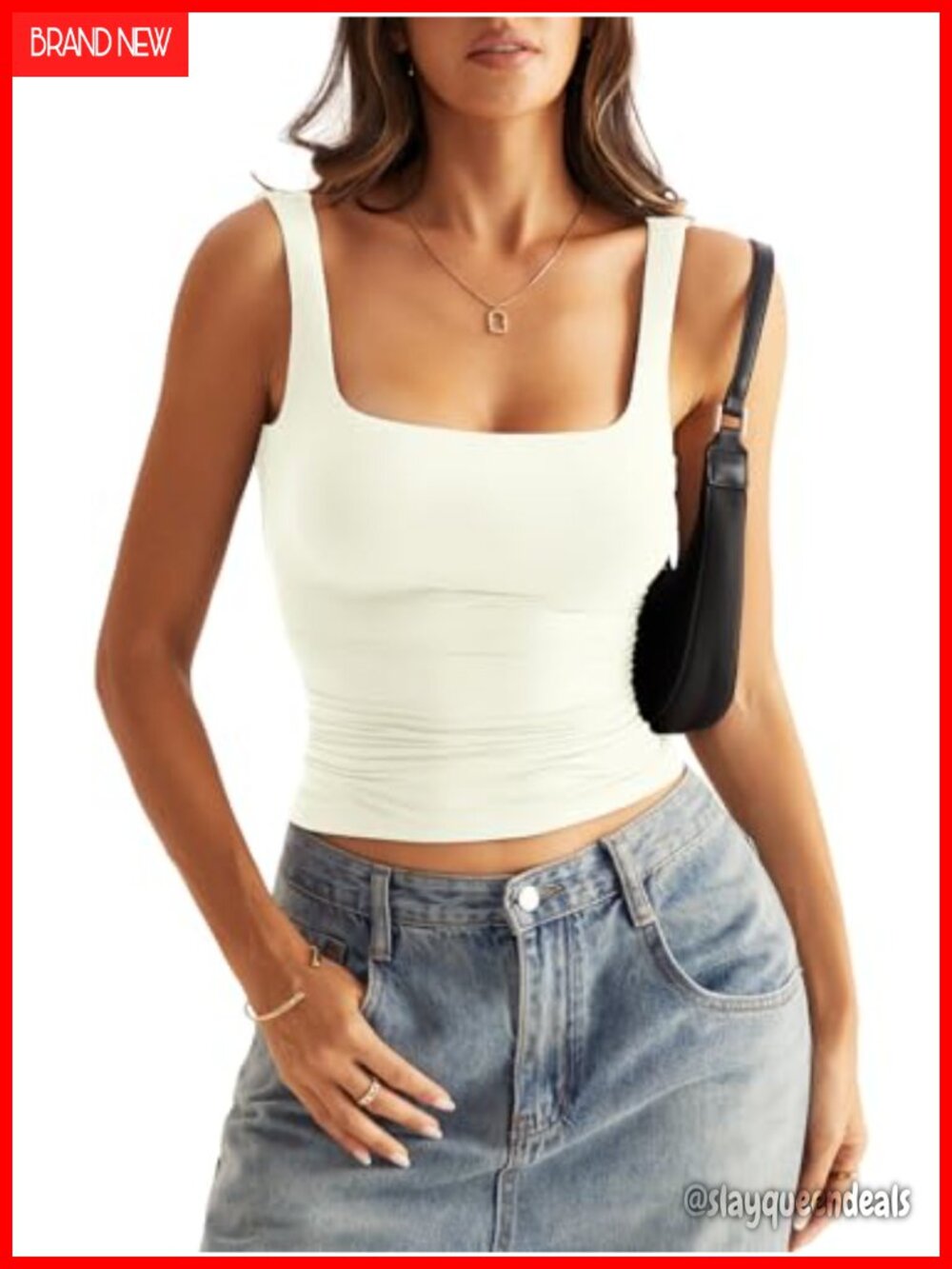 Square Neck Double Lined Tank Top Low Back Fitted Sleeveless Top